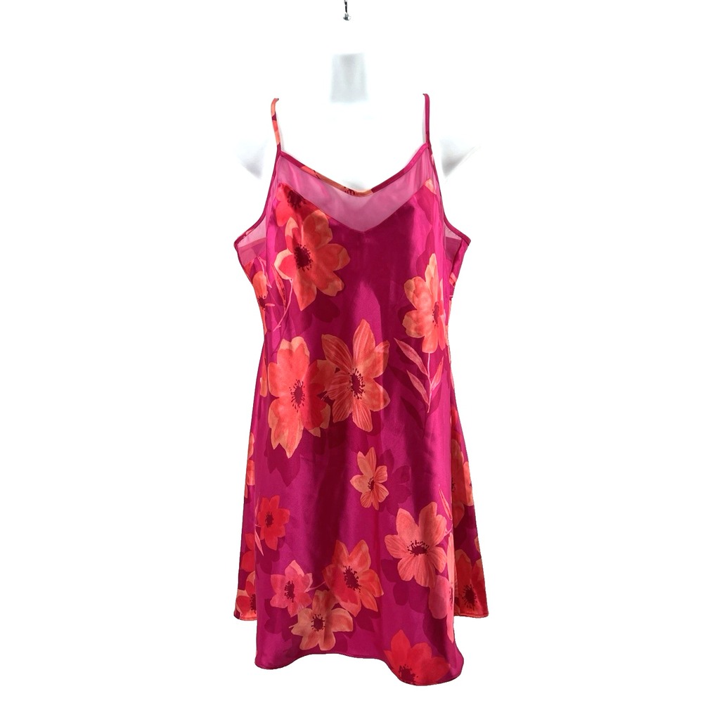 Jones NY Satin Nightgown Women M Bright Pink Floral Mesh Tie Back Dress Resort
